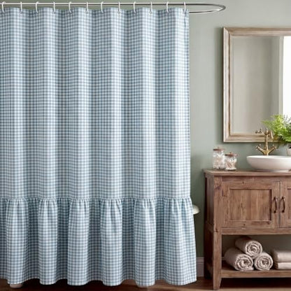 HunnmingRe Ruffle Hem Gingham Shower Curtain Dust Blue