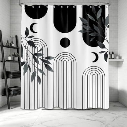 Mid Century Modern White and Black Shower Curtain Bohemian MCM Black and White Shower Curtains for Mens Bathroom Decor, Boho Minimalist Pattern, Waterproof Cloth Fabric with Hooks 70x78 in