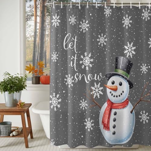 Christmas Snowman Shower Curtain Bathroom Set Xmas Snowflakes Gray Waterproof Shower Curtains with Grommets Hooks Winter Snow Privacy Bath Curtain for Bathtub Decor 60x72in
