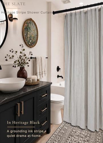 Farmhouse Striped Shower Curtain - Extra Long 72x84 Inches, Linen Blend Fabric, Breathable & Machine Washable, Rustic Black for Bathroom Decor (Hooks/Liner Not Included)