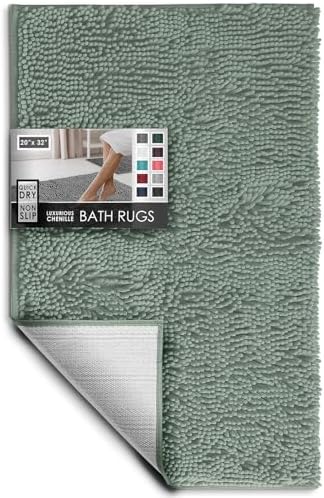 Hearth & Harbor Bathroom Rugs, Chenille Bath Mat - Machine Washable Bath Mats for Bathroom Non-Slip Backing Rubber, Quick Dry Bathroom Mat, 20 x 32 - Ice Green