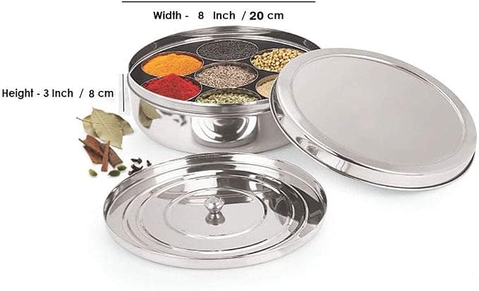Taluka Stainless Steel Spice Box Indian Masala Dabba With 7 Compartments 1 Small Spoon & 4 Pcs Of Measuring Spoon For Home Restaurant Chefs 8x8 Inches
