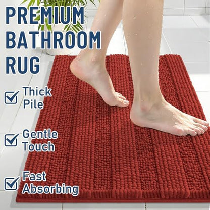 Grandaily Chenille Striped Bathroom Rugs 24x16, Extra Thick and Soft Absorbent Bath Mats, Rubber Backing, Plush Shaggy Shower Carpet, Machine Wash Dry, Bath Rug for Bathroom, Rustic Terracotta
