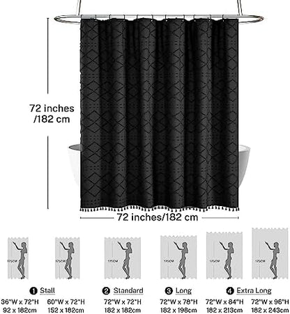 Siiluminisoy Black Shower Curtain Boho Fabric Shower Curtain Black Tufted Texture Striped Modern Farmhouse Shower Curtains for Bathroom, 72 x 72