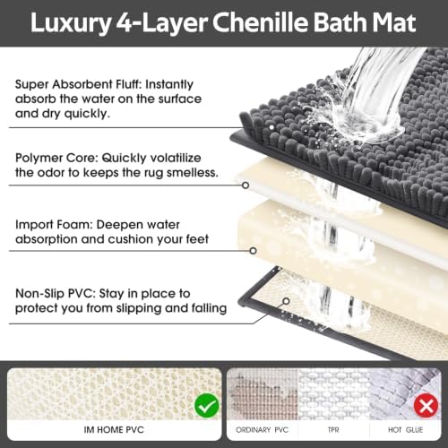 Striped Grey Toilet Bathroom Rug Mat Bath Mat Set 2 piece Ultra Soft, Non Slip Chenille Bath Rugs, Absorbent Plush Shaggy Bath Mats for Bathroom, Bedroom, Kitchen, Shower, Tub,Dark Gray, Charcoal