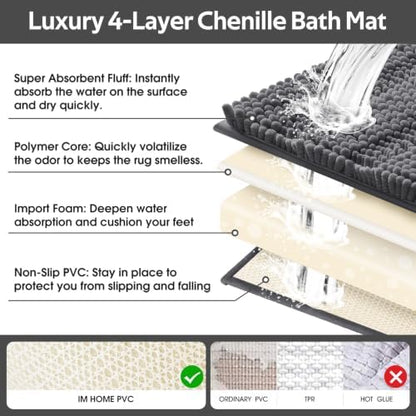ACCUMTEK Striped Grey Bathroom Rug Set 3 Pieces Gray Ultra Soft, Non Slip Chenille Toilet Mat, Absorbent Plush Shaggy Bath Mats for Bathroom, Bedroom, Kitchen, Charcoal