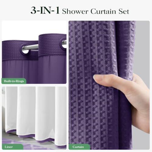 Dynamene Purple Hook Free Waffle Shower Curtain & Snap Fabric Liner,72x75