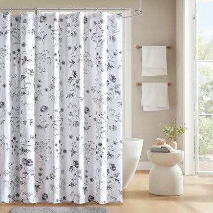 Martha Stewart Cotton Floral Extra Long Shower Curtain, 72 x 72, Black
