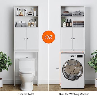 Over the Toilet Storage Cabinet for Bathroom, Extra Tall Over Toilet Storage, Space Saver W/Adjustable Shelf & Open Storage Shelf, 75in, White