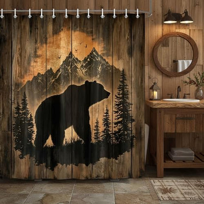 Rustic Cabin Shower Curtain for Bathroom, Forest Bear Wooden Bath Curtains, Wildlife Country Hunting Camping Waterproof Fabric Bathroom Curtain Accessories Set with Hooks,60X70IN
