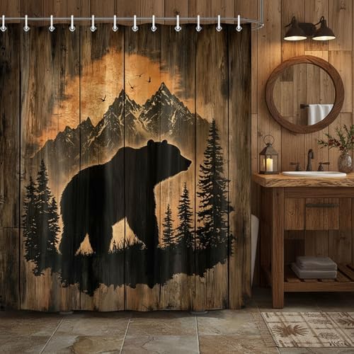 Rustic Cabin Shower Curtain for Bathroom, Forest Bear Wooden Bath Curtains, Wildlife Country Hunting Camping Waterproof Fabric Bathroom Curtain Accessories Set with Hooks,70X70IN