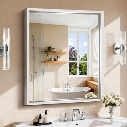 CIRCUMI 30"x36" Brushed Silver Bathroom Mirror, Rectangular Vanity Mirror