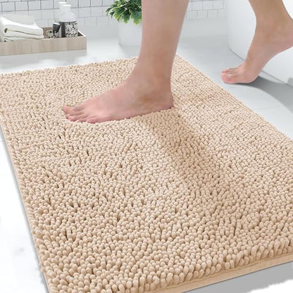 Yimobra Washable Bathroom Rugs, Super Soft & Absorbent Chenille Bath Mat for Floor & Carpet, Quick Dry Non Slip Bath Mat for Tub Shower, 32"x20",Beige