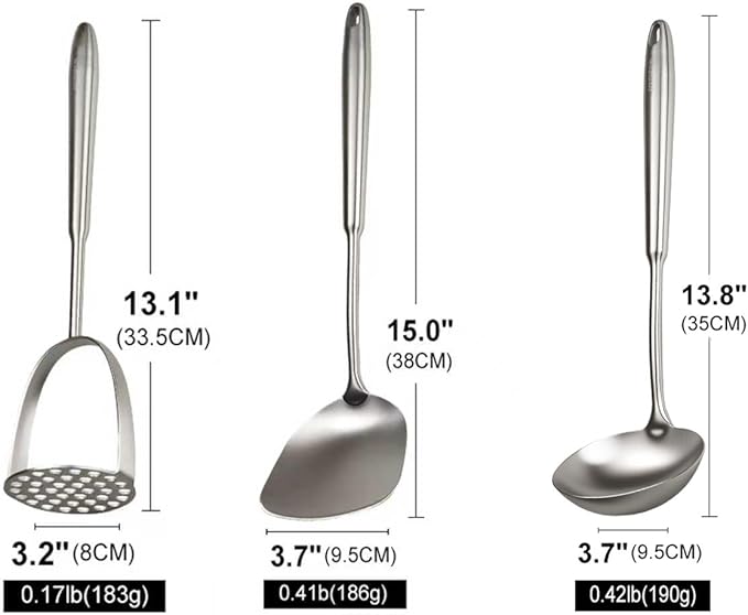 304 Professional Potato Masher, Stainless Steel Kitchen Utensils Set, 3 PCS Long Large Metal Cooking Utensil Tools Set, Mirror Polished Kitchen Gadget Kitchen Tool Set, Dishwasher Safe