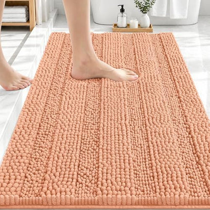 OLANLY Thick Bathroom Rugs 30x20, Soft Chenille Striped Bath Rugs, Peach
