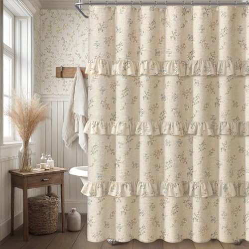 Floral Farmhouse Vintage French Country Ruffle Linen Shower Curtain 72Wx72H