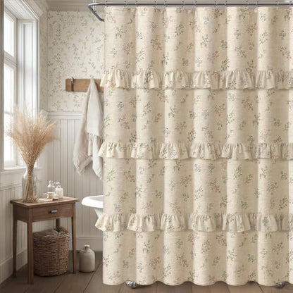 Floral Farmhouse Vintage French Country Ruffle Linen Shower Curtain 72Wx72H
