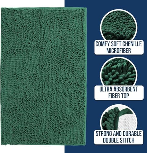 Muddy Mat® | Chenille Bathroom Rugs Quick Dry Microfiber Mats Non Slip Washable, Extra Thick, Soft and Highly Absorbent Bath Mats for Bathroom, Kitchen, and Shower Floor - Dark Green 36"x60"