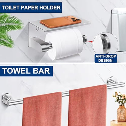 5 Pieces Bathroom Hardware Accessories Set Brushed Nickel, 24Inch Round Towel Racks Set for Bathroom, SUS304 Stainless Steel Towel Bar Set,Toilet Paper Holder with Shelf Wall Mounted