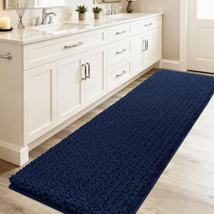 ACCUMTEK Upgrade Luxury Navy Blue Bathroom Rug Mat 48"x17", Ultra Soft Thick Absorbent Bath Mats, Non Slip Chenille Toilet Mat for Bathroom, Bedroom, Kitchen, Shower, Tub