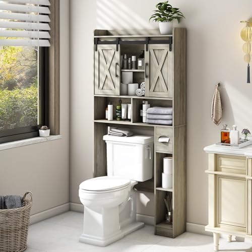 Vabches Over The Toilet Storage Cabinet with Sliding Doors, Grey