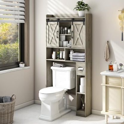 Vabches Over The Toilet Storage Cabinet with Sliding Doors, Grey