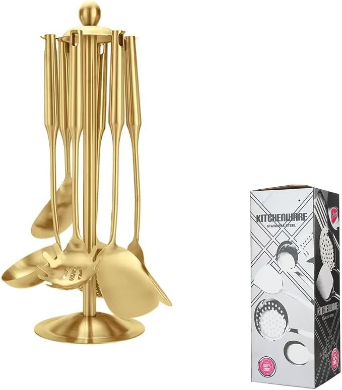 Premium 7-Piece Gold Kitchen Utensil Set with Stand, Stainless Steel Cooking Tools- Dishwasher Safe Ladle, Spoon, Spatula, Pasta Fork, Luxury Brass Kitchen Accessories for Home Chefs (Gold)
