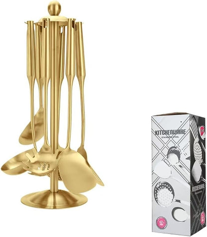 Premium 7-Piece Gold Kitchen Utensil Set with Stand, Stainless Steel Cooking Tools- Dishwasher Safe Ladle, Spoon, Spatula, Pasta Fork, Luxury Brass Kitchen Accessories for Home Chefs (Gold)