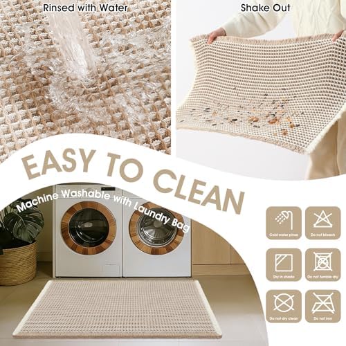 Upgrade Waffle Bath Mat, Boho Bathroom Rugs Absorbent Non Slip, Ultra Soft Bathroom Mat, Machine Washable Knit Bath Rugs with Stripe for Bathroom, Bedroom, Kitchen, Shower,Tub, 32"x20", Beige & White