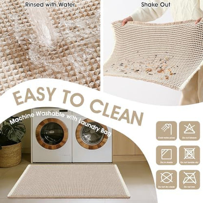 Upgraded Waffle Bath Mat, 24"x17" Brown & Cream, Super Absorbent Non-Slip Quick Dry Bathroom Rugs with Tassels, Machine Washable Ultra Soft Boho Bath Rugs for Floor, Toilet Mats Boho Farmhouse Decor