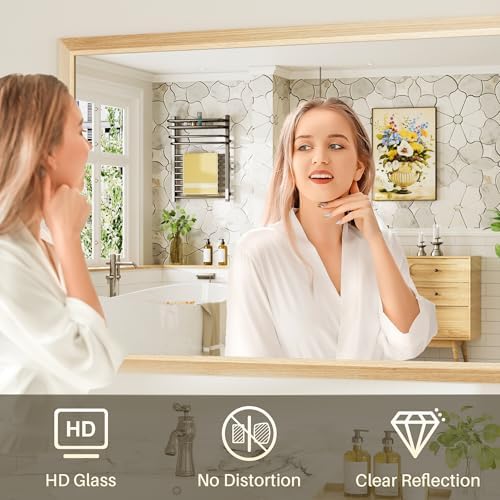 40x32 Inch Bathroom Mirror for Wall, Anti-Rust Oak Wood Grain Metal Framed Bathroom Mirrors for Over Sink,Rectangler Mirrors for Bathroom Vanity, Farmhouse, Bedroom, Living Room, Entryway Decor