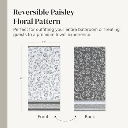 Modern Threads 6 Piece Bath Towel Set – Bathroom Set with 2 Bath Towels, 2 Hand Towels, and 2 Wash Cloths – 100% Cotton, Super Absorbent & Extra Soft – Reversible Floral Trail (Gray)