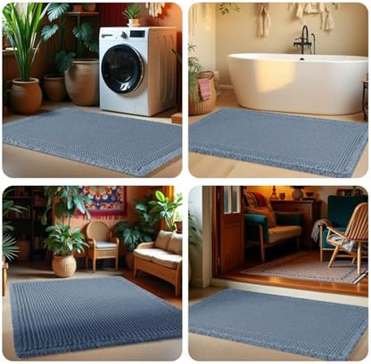 Upgrade Waffle Bath Mat, Boho Bathroom Rugs Absorbent Non Slip, Ultra Soft Bathroom Mat, Machine Washable Knit Bath Rugs with Herringbones for Bathroom, Bedroom, Kitchen, Shower, Tub, 32"x20", Blue