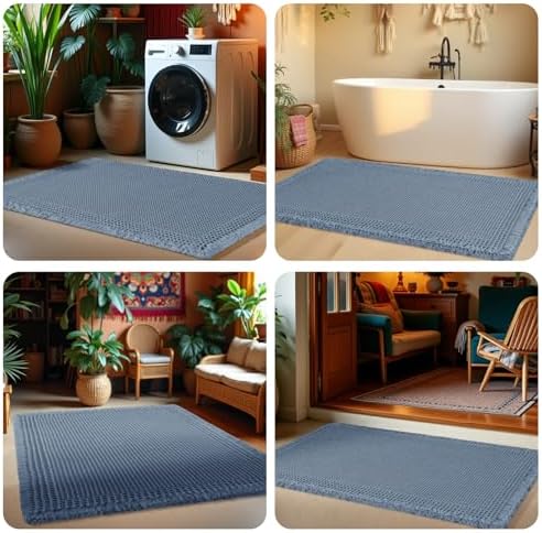 Upgrade Waffle Bath Mat Set 3 Piece, Boho Bathroom Rugs Absorbent Non Slip, Soft Bathroom Mats, Machine Washable Knit Bath Rugs with Herringbones for Bathroom, Bedroom, Kitchen, Shower, Tub, Blue