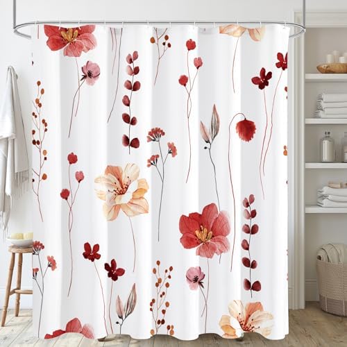 Gibelle Red Linen Shower Curtain, Floral Curtain for Bathroom, 72x72