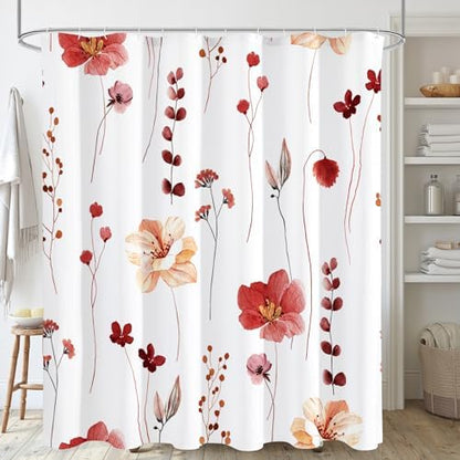 Gibelle Red Linen Shower Curtain, Floral Curtain for Bathroom, 72x72