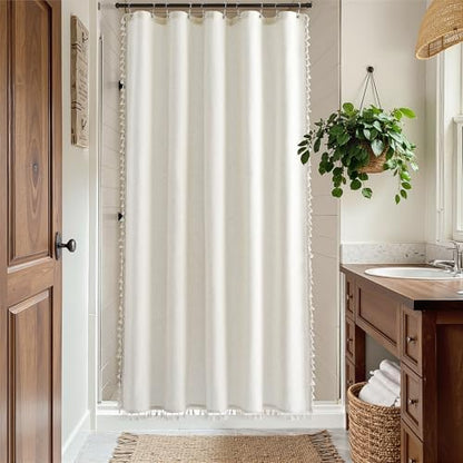 Nanspring Stall Natural Boho Linen Shower Curtain 60 Inches Wide Textured Luxury Fancy Tassel Shower Curtain Set with Hooks Modern Vintage Country Bath Curtain Decor for Bathroom 60x72, Cream