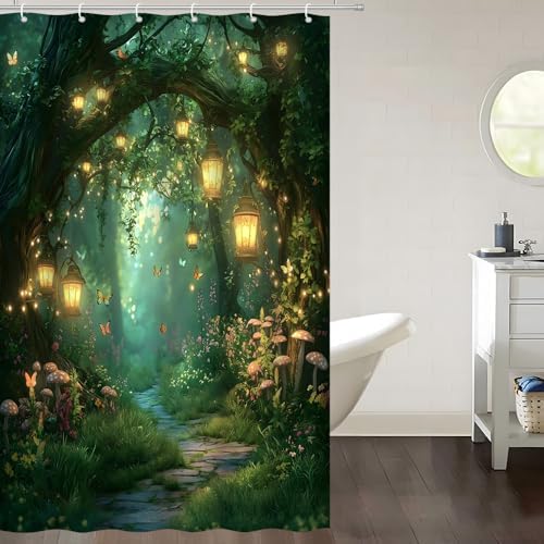 Fantasy Forest Path Shower Curtain Fairy Magical Enchanted Misty Jungle Mushroom Floral Tree Butterfly Lantern Wonderland Bath Curtain Fabric Bathroom Accessories Decor with Hooks 47W x70L