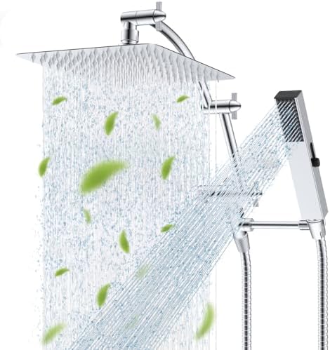 Hibbent All Metal CUPC Certified 10'' Rain Shower Head, Dual Shower Head Combo, High Pressure Handheld 4 Sprays Shower Wand, 16'' Adjustable Extension Arm, 71'' Hose, Shower Holder, Chrome