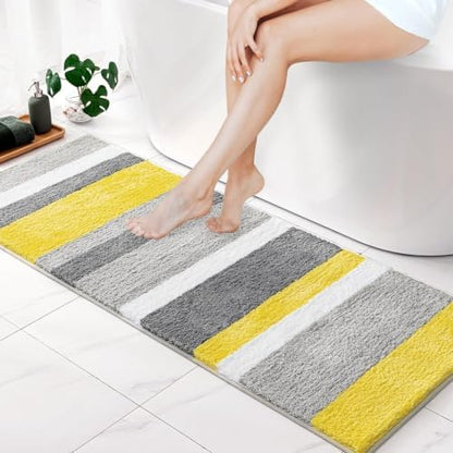 MIULEE Yellow Grey Bathroom Rug 16 * 48 Inch, Soft Thick Microfiber Striped Bath Mat, Non Slip Fluffy Plush Machine Washable Quick Dry for Bathroom Decor, Floor Tub and Shower