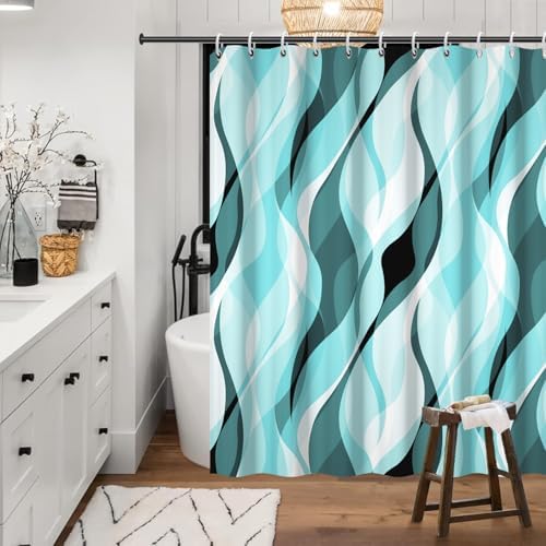 Teal Striped Shower Curtain with Hooks for Bathroom 72x96 Inch