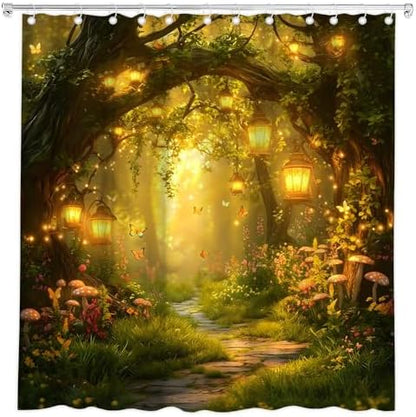 Fantasy Forest Path Shower Curtain Yellow Fairy Magical Enchanted Misty Jungle Mushroom Floral Tree Butterfly Lantern Wonderland Bath Curtain Fabric Bathroom Accessories Decor with Hooks 70W x70L