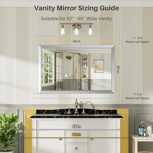 Briivue Bathroom Wall Mirror, Silver Brushed Nickel Metal Frame, 48x30 Inch