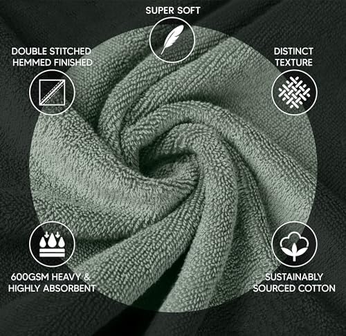 Luxury Towels for Bathroom Set of 8-2 Bath Towels 2 Hand Towels 4 Washcloths - 600 GSM 100% Cotton Ring Spun Viscose Border Towels Set - Sage Green