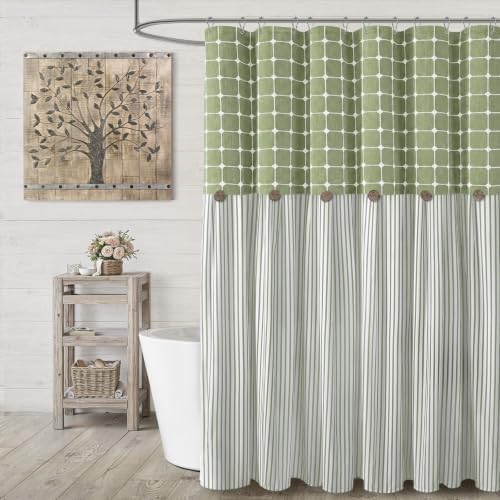 Farmhouse Shower Curtain Button Plaid-Green-Green Stripe 72"W x 72"L