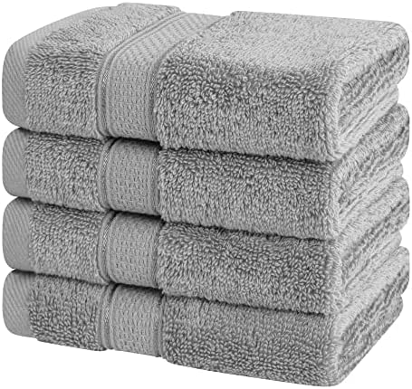 American Soft Linen Salem Washcloth Sets, 4 Piece Luxury 600 GSM 100% Cotton Washcloths for Bathroom, 13x13 inches Washrags Premium Quality Hand Face Towels, Light Grey