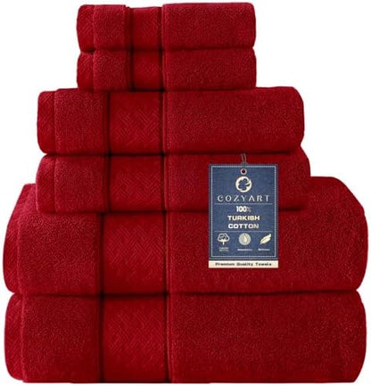 COZYART Bath Towel Set 6 PCS, Luxury Cherry Red 100% Turkish Cotton 650GSM