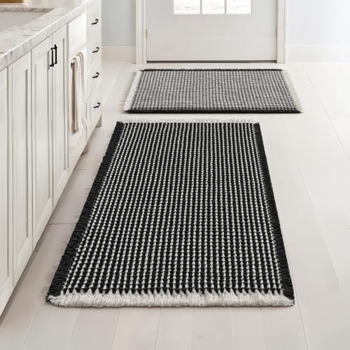 MIULEE Set of 2 Waffle Bathroom Rugs Black&Cream Bath Mat 17"x24"+18"x30"