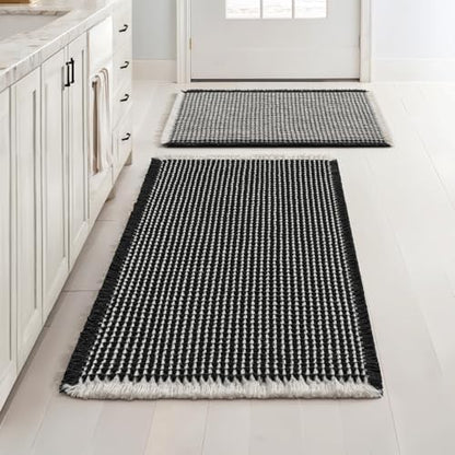 MIULEE Set of 2 Waffle Bathroom Rugs Black&Cream Bath Mat 17"x24"+18"x30"