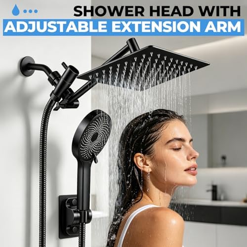 Shower Head, 8 inch Multifunction High Pressure Rain Shower Head with Handheld Spray Combo with 11'' Angle Adjustable Extension Arm/Flow Regulator/Shower System Matte Black